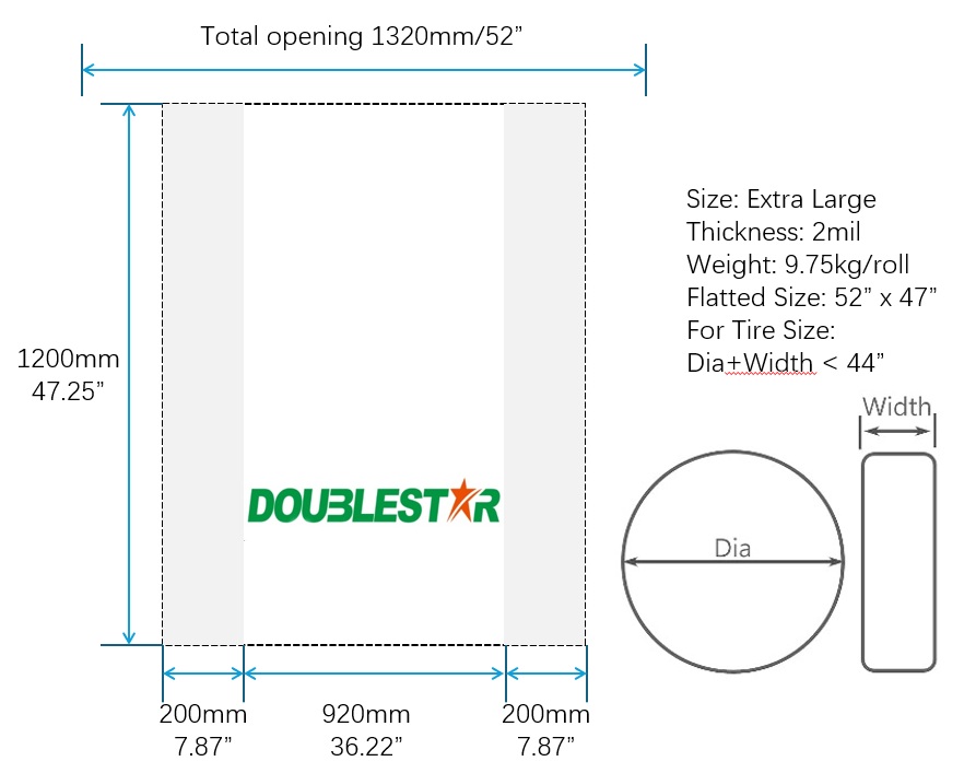 [TB200XL] Extra Large Tire Bags 52x47 Inch, 200 per Roll - DoubleStar Logo